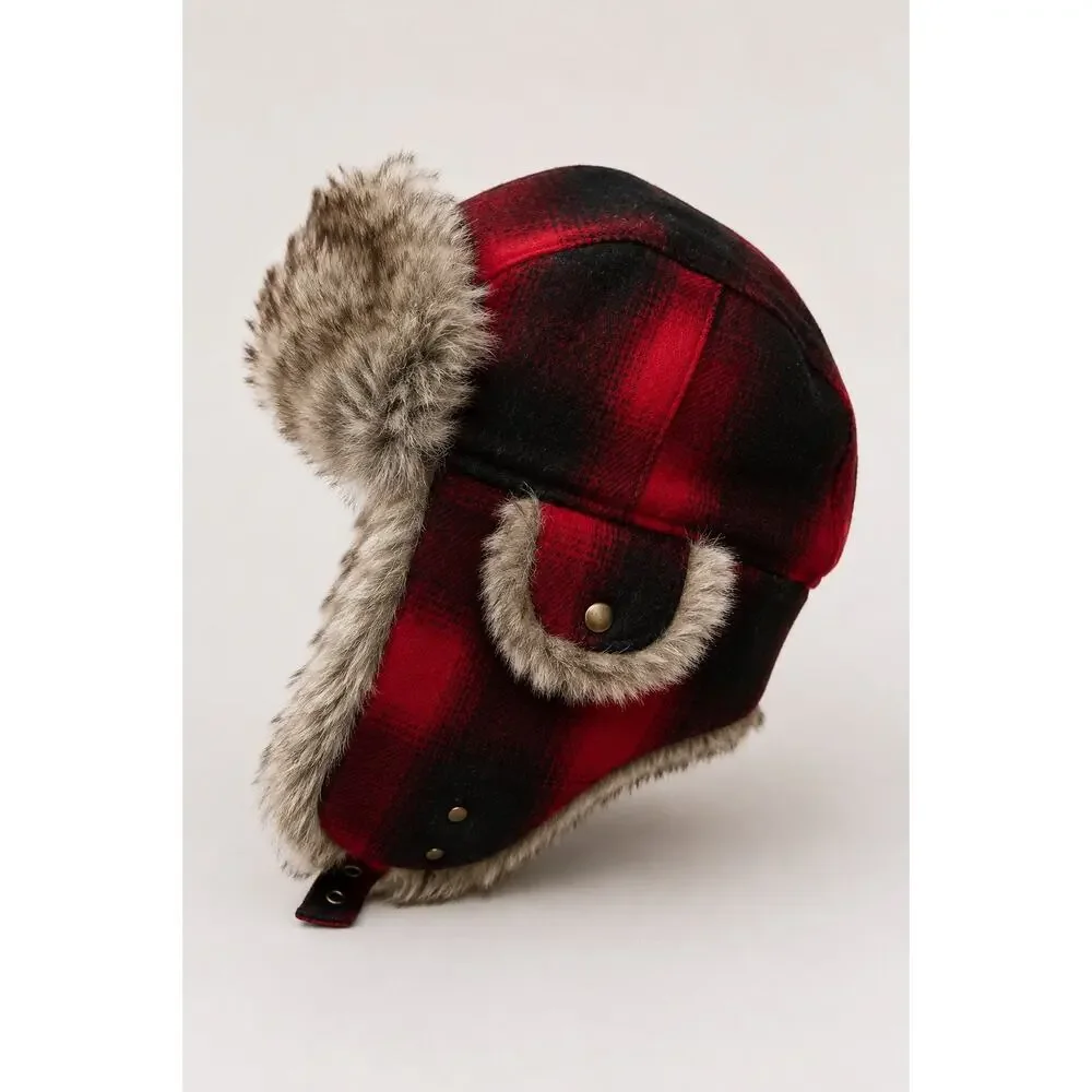 Pendleton Buffalo Plaid Wool Trapper Hat Faux Fur Leather Red Black L/G